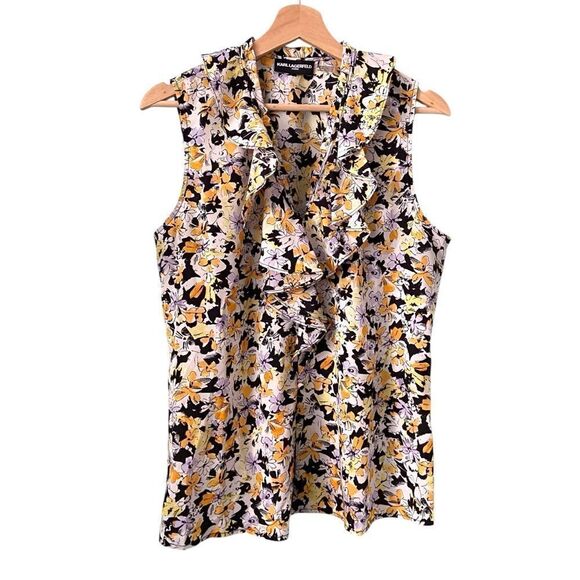 Karl Lagerfeld Floral Ruffle Top in Yellow and Black Size ***SEE MEASUREMENTS*** - Picture 1 of 13